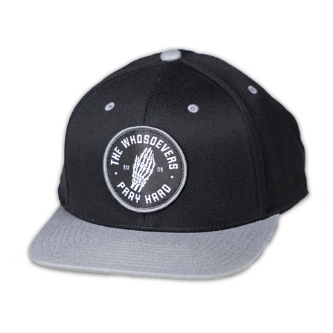 Pray Hard Curved Snapback Hat | Black Grey